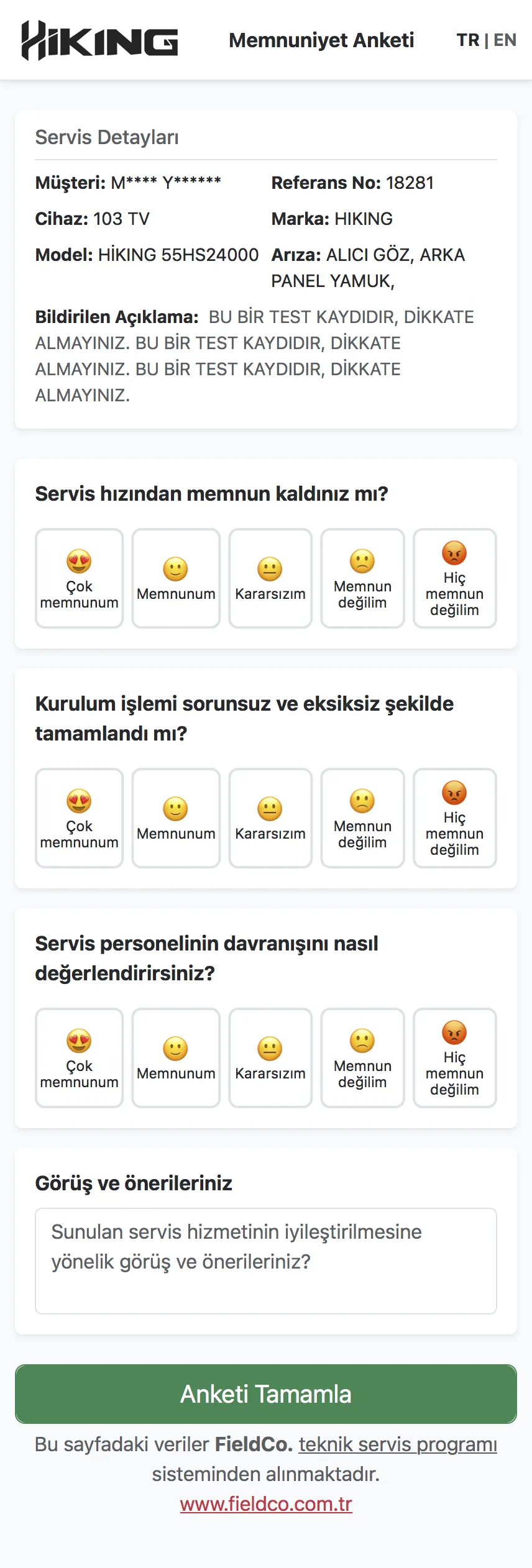 FieldCo customer satisfaction survey screen — 5-point emoji scale